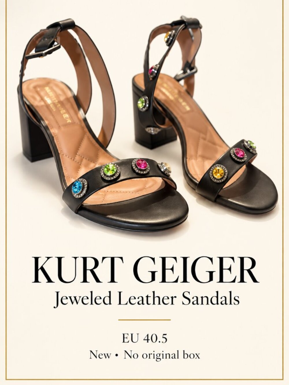 Kurt Geiger Black Leather Jeweled Block Heel Sandals EU 40.5 New No Box